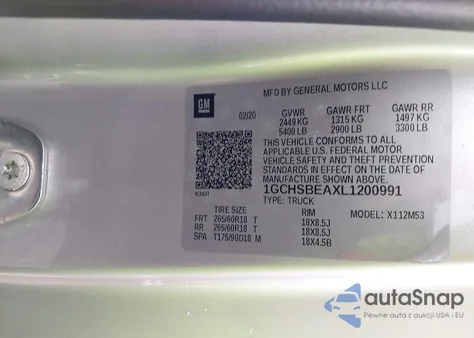 2020 Chevrolet Colorado 2Wd Long Box Wt z USA, uszkodzony, nr VIN 1GCHSBEAXL1200991